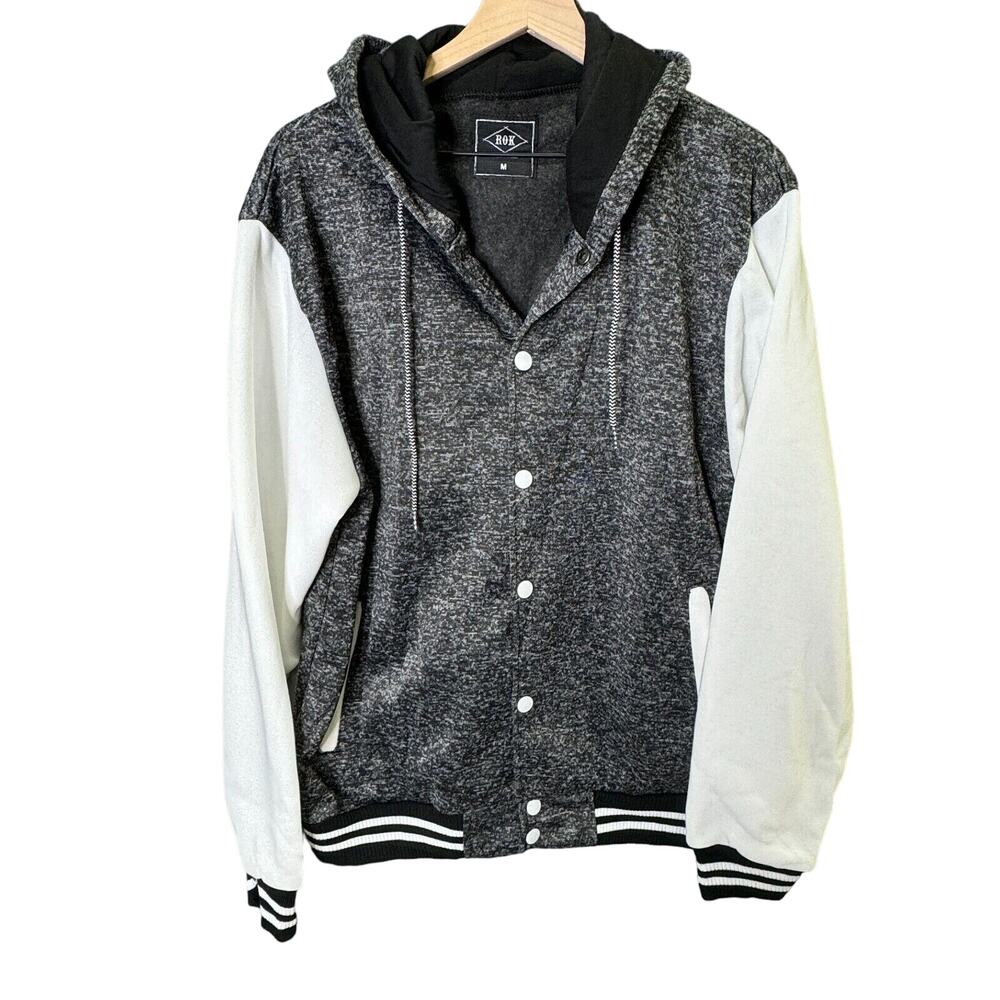 ROK Mens Black Mar White Bomber Jacket Size Medium Hoodie Snap Long‎ Sleeve